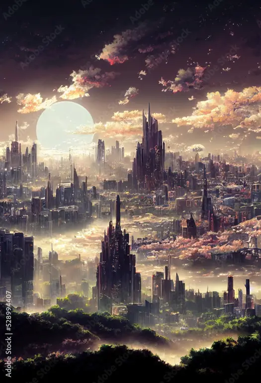 Kota futuristik dalam anime yang penuh warna
