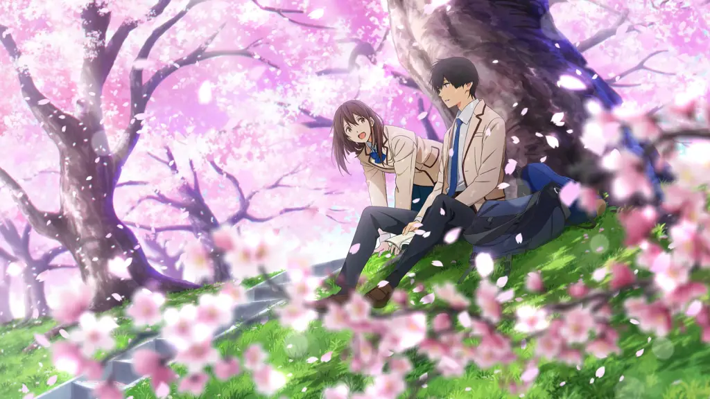 Poster anime yang menampilkan karakter utama Poster resmi anime Kimi no Suizou wo Tabetai