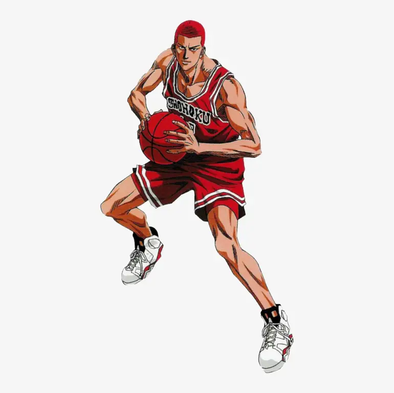 Momen ikonik Sakuragi melakukan slam dunk Gambar Hanamichi Sakuragi sedang melakukan slam dunk