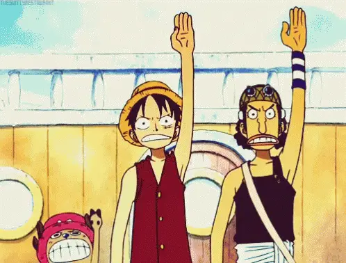 Momen Kemenangan Kru Topi Jerami Luffy dan kru Topi Jerami merayakan kemenangan
