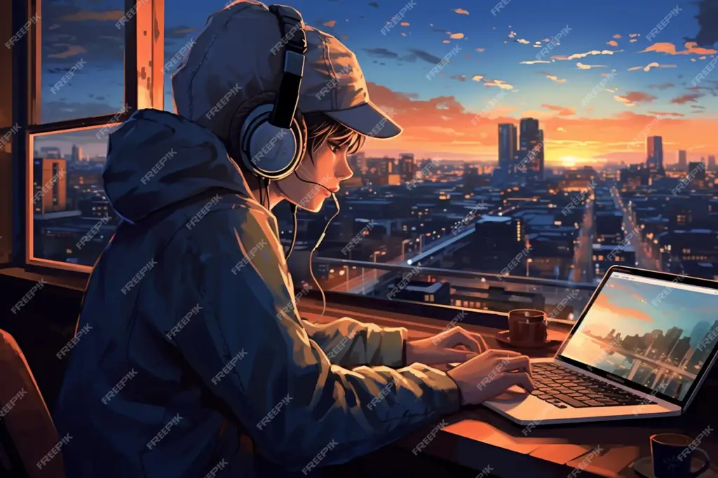 Kenikmatan Menonton Anime HD Seseorang sedang menonton anime di laptop dengan ekspresi menikmati
