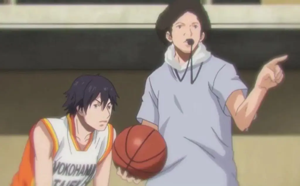 Adegan Pertandingan Basket Ahiru no Sora Adegan pertandingan basket dari anime Ahiru no Sora, menampilkan aksi dan dinamika permainan.