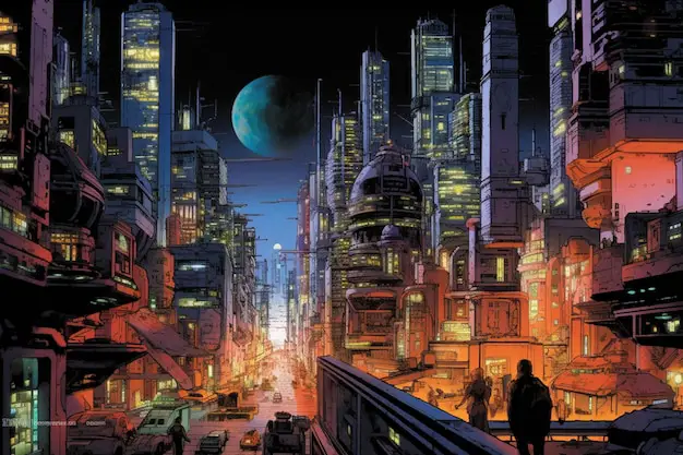 Kehidupan di Kota Futuristik Ai no Kusabi Ilustrasi kota futuristik dalam anime Ai no Kusabi