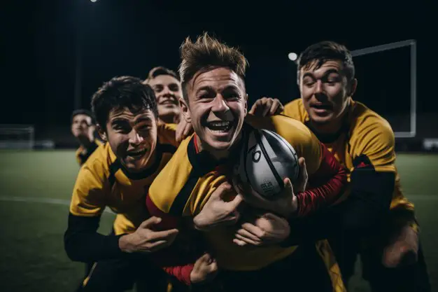 Suasana perayaan kemenangan tim rugby Para pemain rugby merayakan kemenangan
