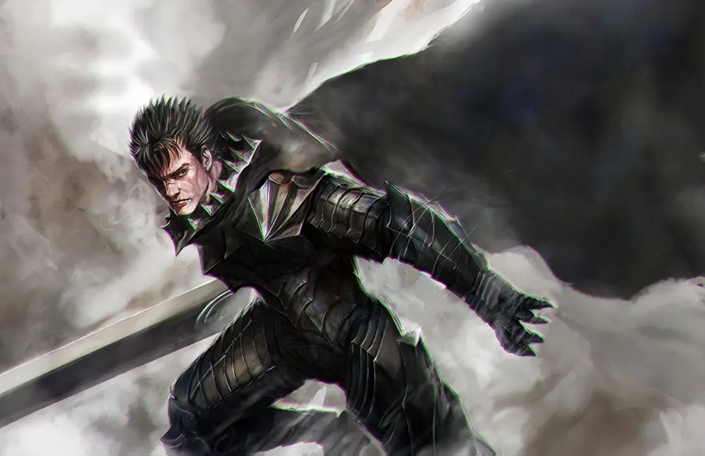 Guts dan pedang besarnya Guts memegang pedangnya yang besar