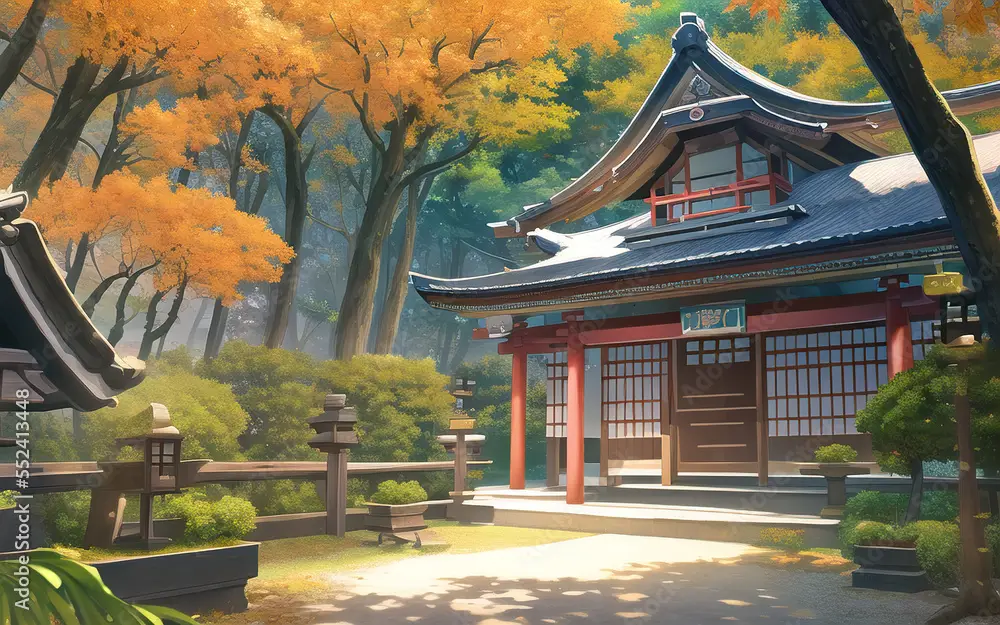 Suasana tenang di kuil, latar anime yang inspiratif Gambar kuil Jepang yang tenang dengan gaya anime