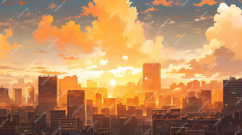 Pemandangan Kota Regios yang Rusak Ilustrasi kota pasca-apokaliptik bergaya anime