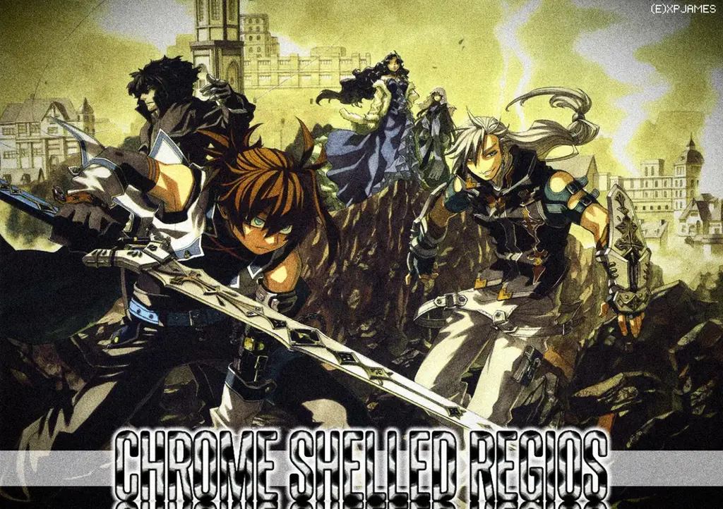 Layner, Felli, dan Eimi dalam sebuah adegan bersama Karakter-karakter utama dalam anime Chrome Shelled Regios
