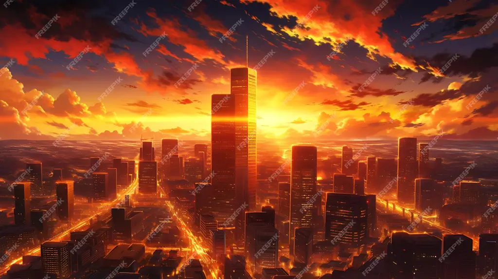 Suasana kota yang hancur dalam anime Chrome Shelled Regios Ilustrasi kota pasca-apokaliptik
