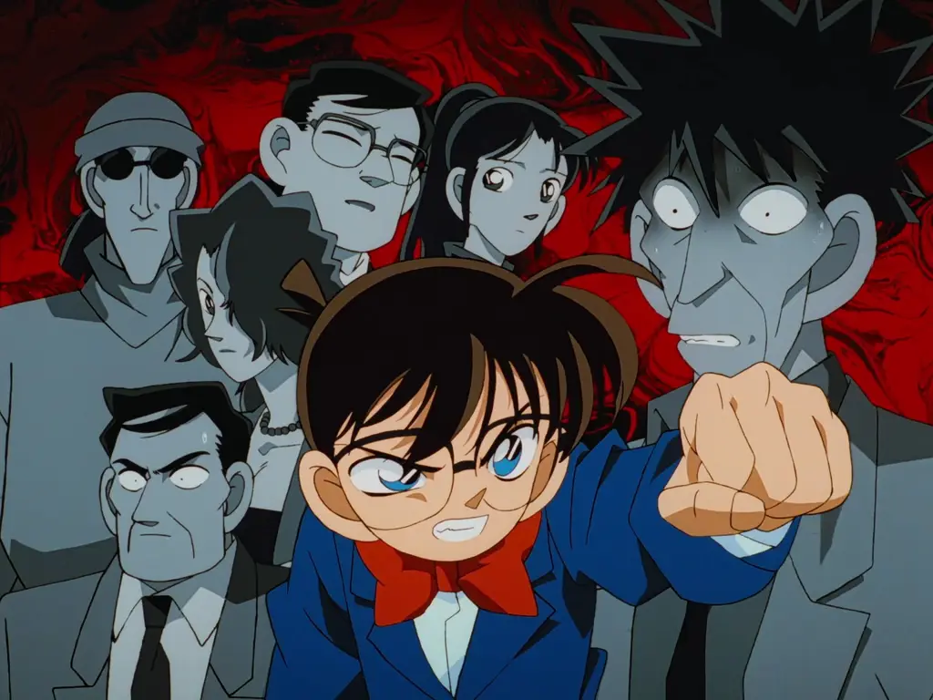 Momen menegangkan Conan memecahkan sebuah kasus misteri Gambar adegan Conan memecahkan kasus