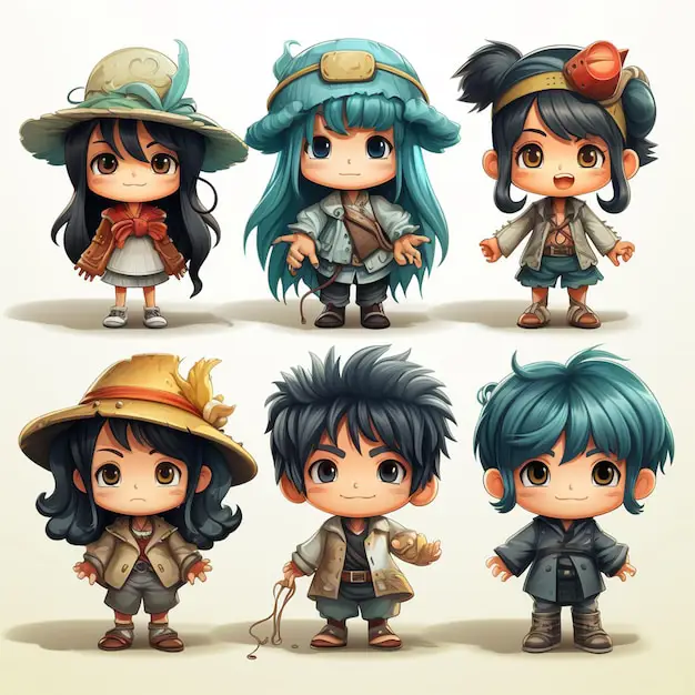 Ilustrasi beberapa karakter pendukung dalam anime Death March Ilustrasi karakter anime