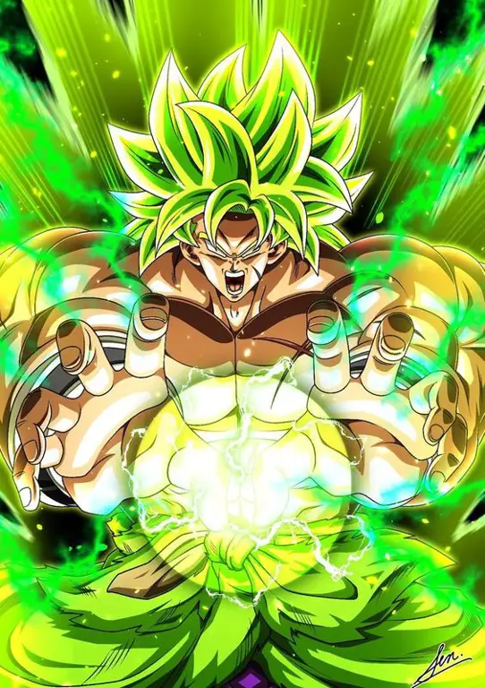Kekuatan Super Saiyan Broly yang Menakjubkan Broly dalam wujud Super Saiyan dengan aura yang kuat.