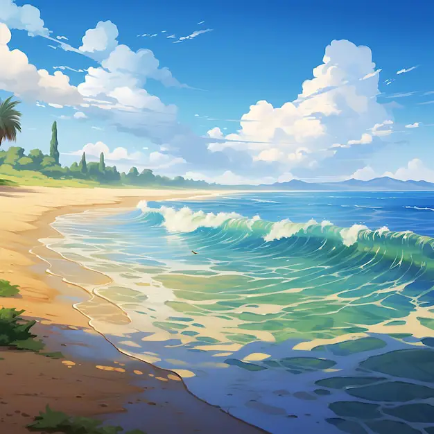 Menikmati anime di mana saja Seseorang menonton anime di laptop di pantai