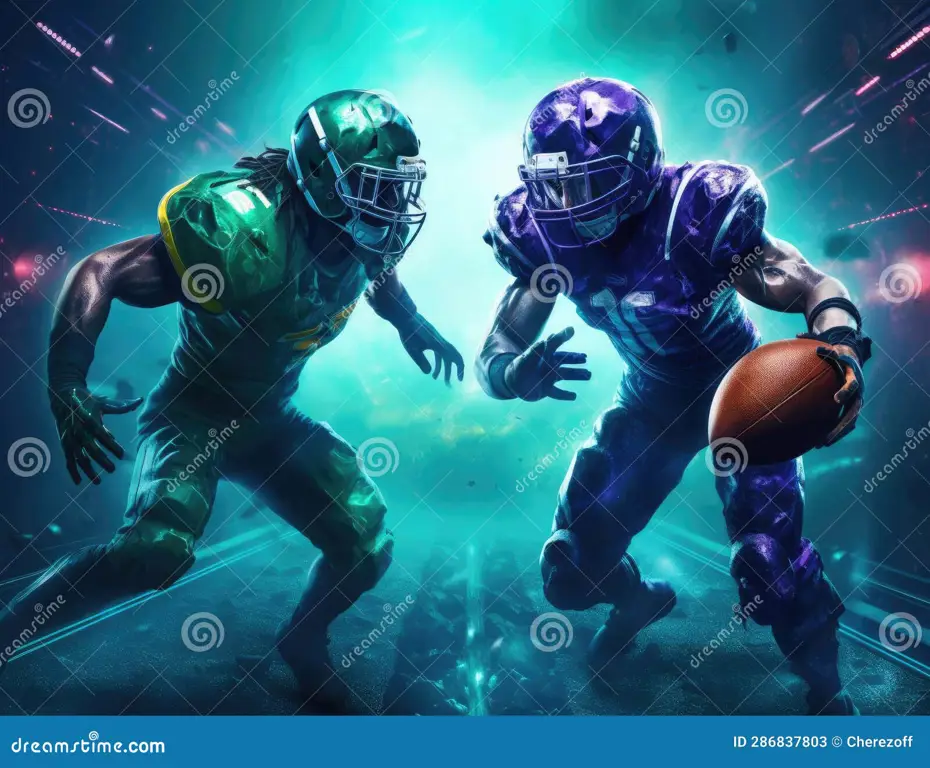 Pertandingan American Football yang penuh aksi Gambar adegan pertandingan American Football yang seru dan menegangkan
