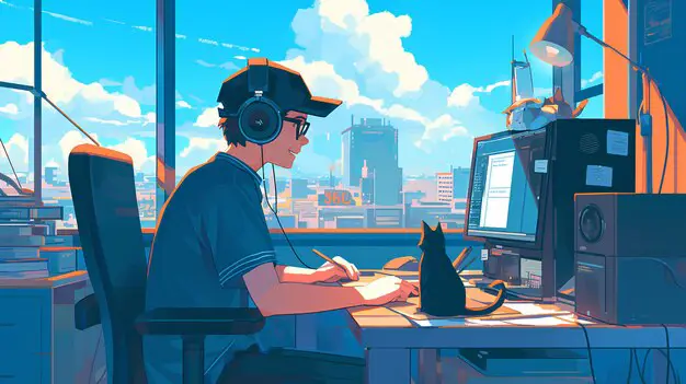 Menikmati Anime dengan Nyaman Seseorang sedang menonton anime di laptopnya dengan nyaman
