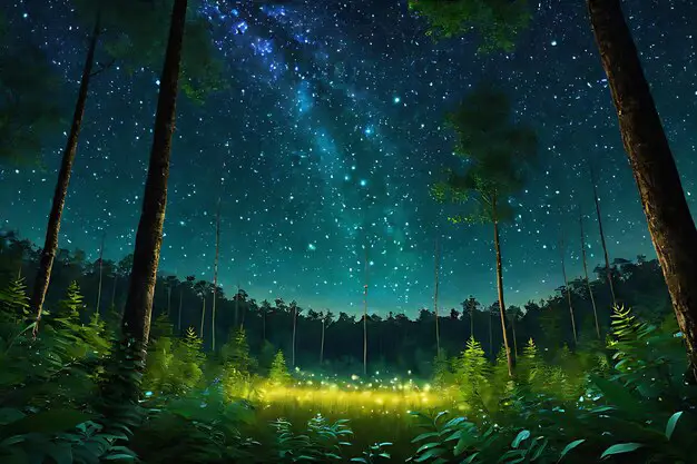 Suasana magis hutan di malam hari Gambar kunang-kunang di hutan malam hari yang indah