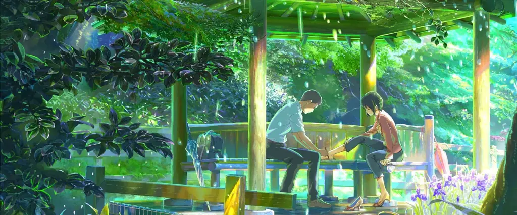 Adegan Hujan yang Memukau Adegan hujan di taman dalam anime Kotonoha no Niwa