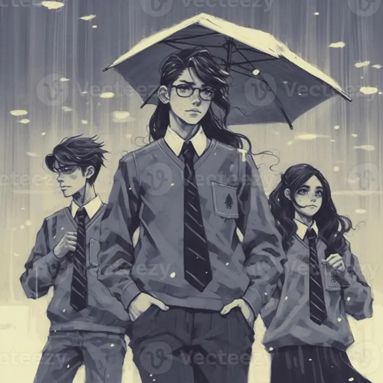 Takao dan Yukari di tengah guyuran hujan Dua karakter anime di bawah hujan di taman Jepang
