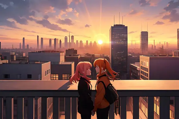 Suasana Romantis Malam Hari Adegan romantis anime di malam hari, dengan latar belakang pemandangan kota yang indah.
