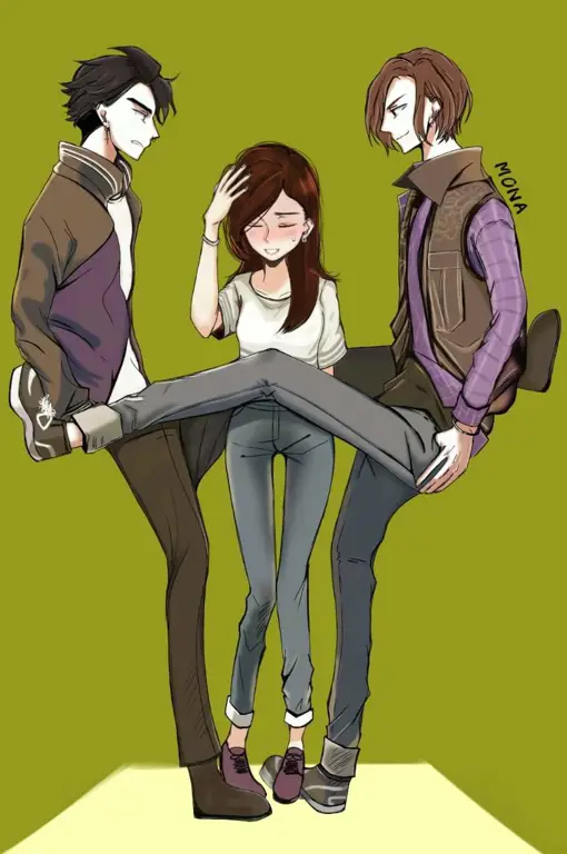Ilustrasi karakter Naoya, Saki, dan Rika Karakter anime dalam kisah cinta segitiga
