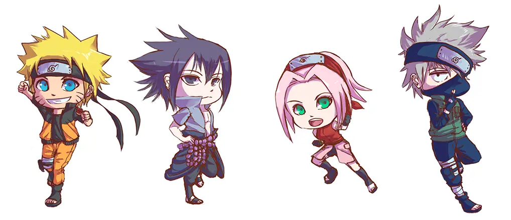 Team 7 Versi Chibi Gambar chibi Team 7 (Naruto, Sasuke, Sakura) dengan latar belakang Konoha.