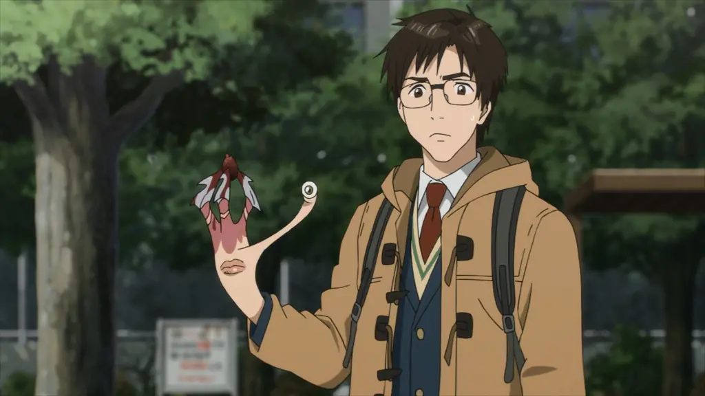 Poster Anime Parasyte Poster anime Parasyte yang menampilkan Shinichi dan Migi