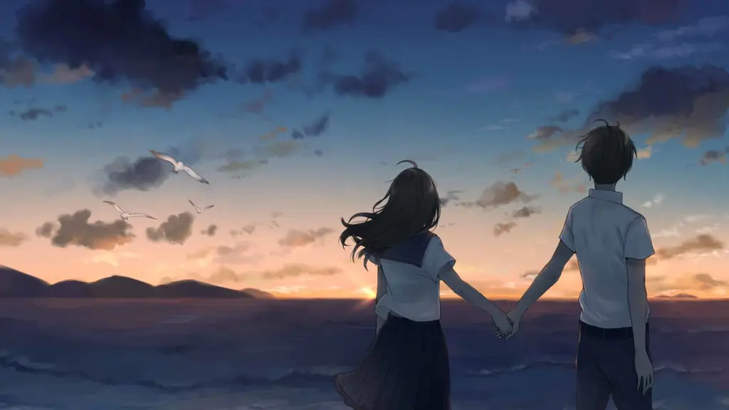 Momen Romantis Anime Pasangan anime romantis bergandengan tangan
