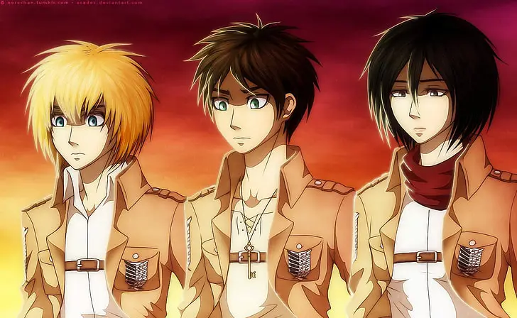 Trio Utama Shingeki no Kyojin Gambar Eren, Mikasa, dan Armin