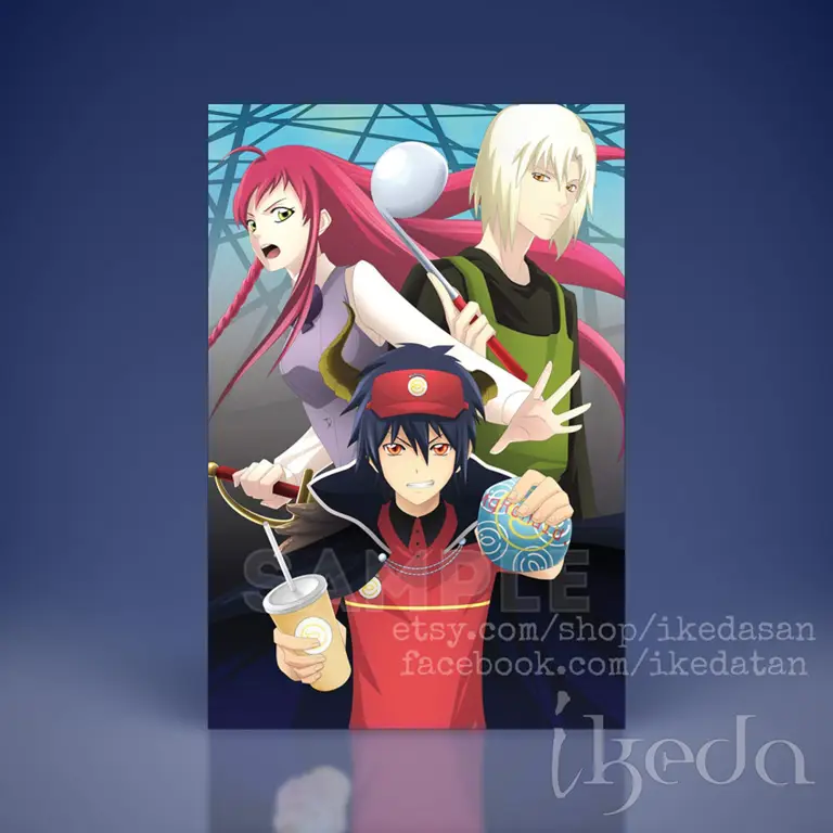 Pertemuan Maou dan Emilia Gambar Maou Sadao dan Emilia Justina sedang berhadapan.