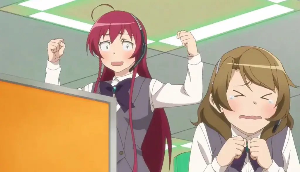 Emilia dan Maou Gambar Emilia dan Maou dalam anime The Devil is a Part-Timer!