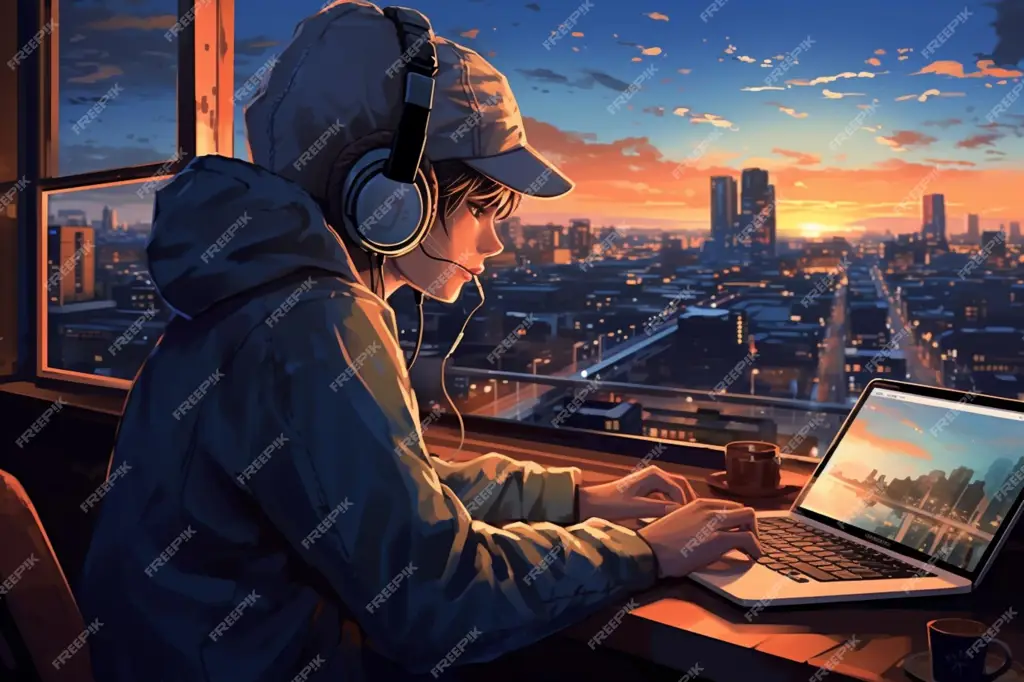 Menonton Anime dengan Nyaman Seseorang sedang menonton anime di laptop