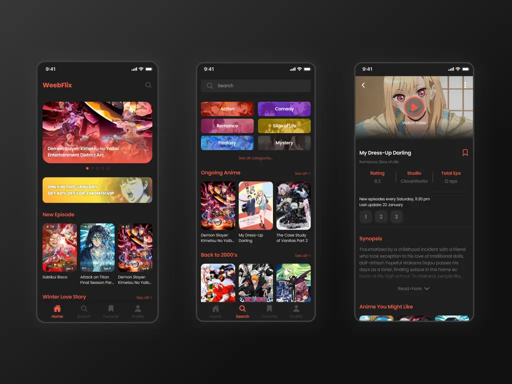 Berbagai pilihan anime di platform streaming Antarmuka platform streaming anime
