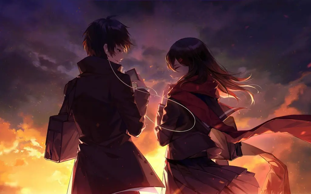 Momen romantis pasangan anime Pasangan anime romantis menonton matahari terbenam