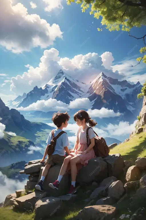 Momen romantis dalam anime Pasangan anime sedang menyaksikan matahari terbenam