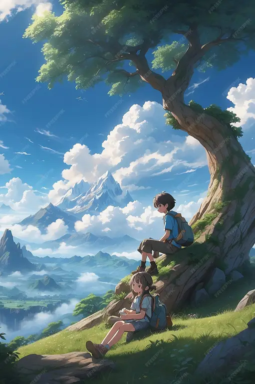 Suasana romantis dalam film anime Pasangan anime menyaksikan matahari terbenam